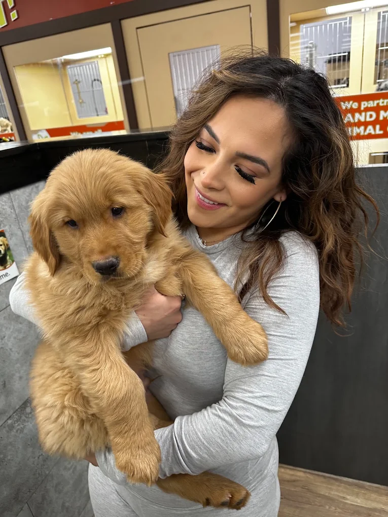 A woman holding a golden-colored puppy at Petland